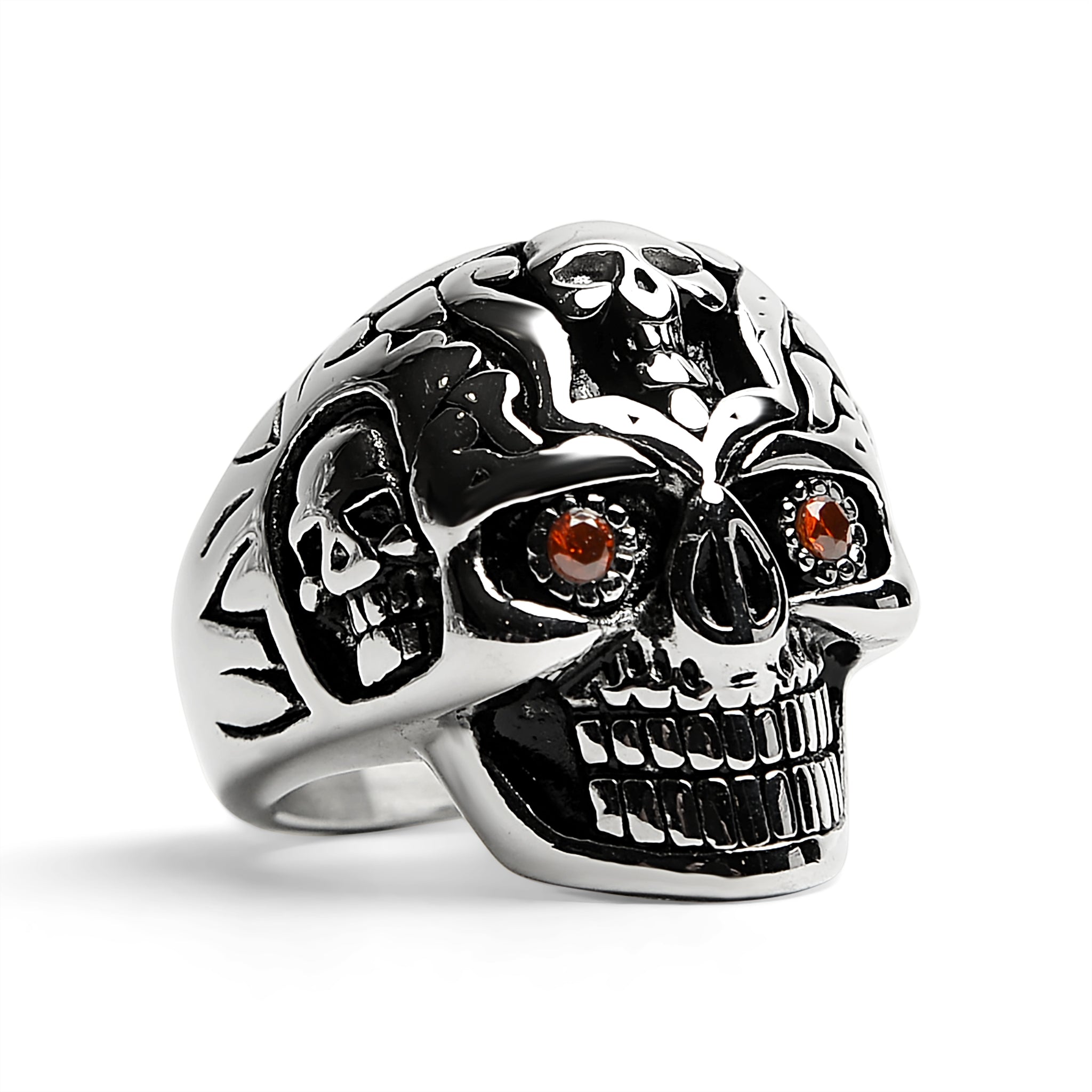 Stainless Steel Red CZ Eyed Sugar Skull Ring