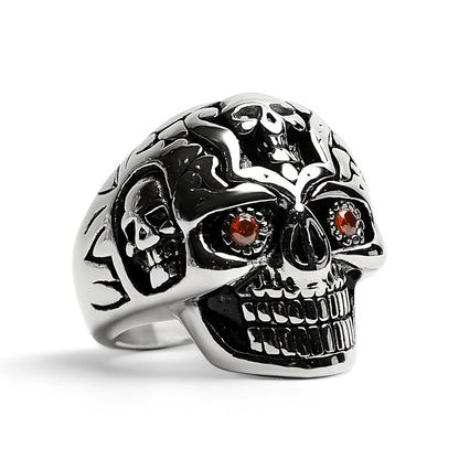 Stainless Steel Red CZ Eyed Sugar Skull Ring