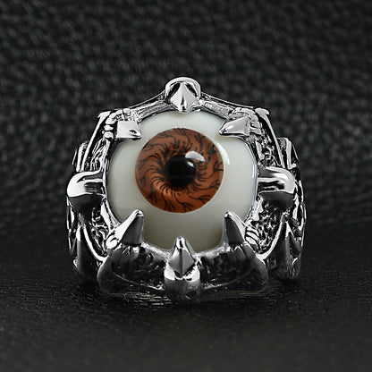 Stainless Steel Gothic Red Eyeball With Claw And Skull Accents Ring