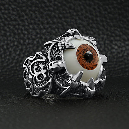 Stainless Steel Gothic Red Eyeball With Claw And Skull Accents Ring
