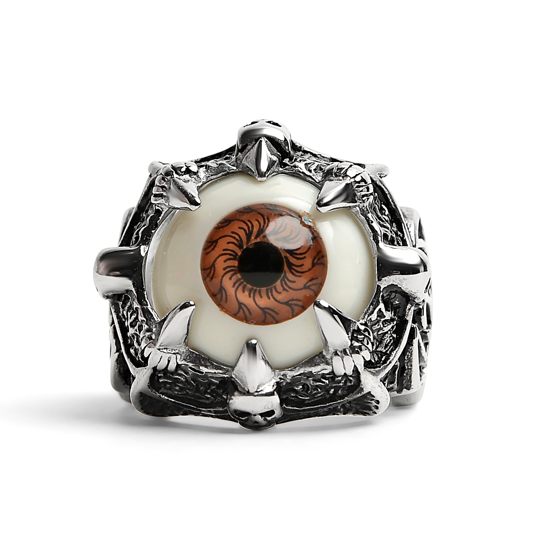 Stainless Steel Gothic Red Eyeball With Claw And Skull Accents Ring