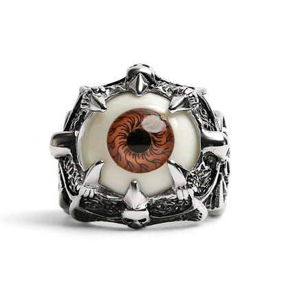 Stainless Steel Gothic Red Eyeball With Claw And Skull Accents Ring