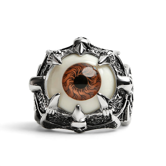 Stainless Steel Gothic Red Eyeball With Claw And Skull Accents Ring