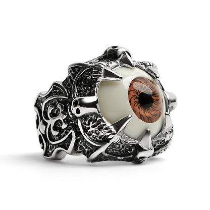 Stainless Steel Gothic Red Eyeball With Claw And Skull Accents Ring