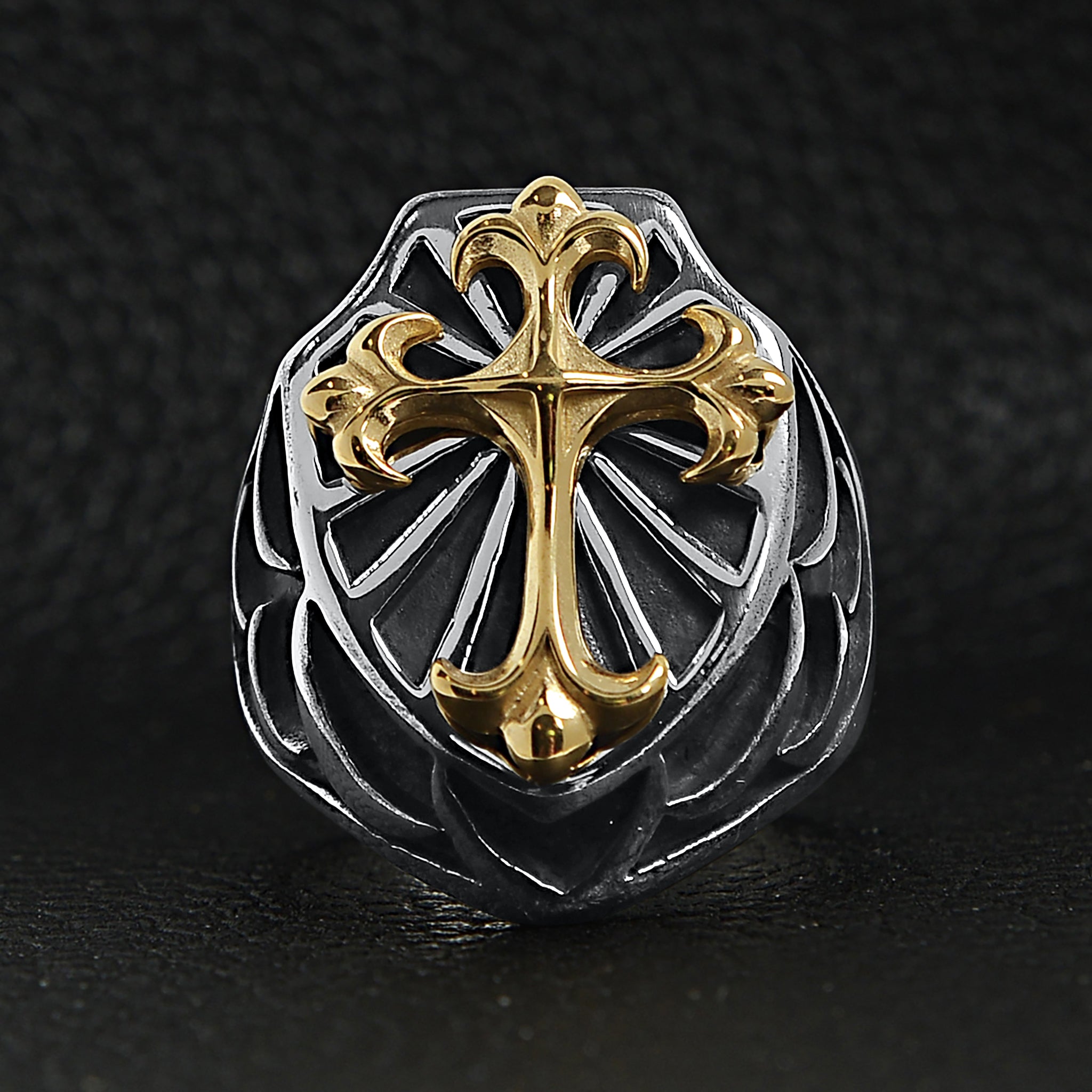 Stainless Steel 18K Gold PVD Coated Cross On Shield Signet Ring