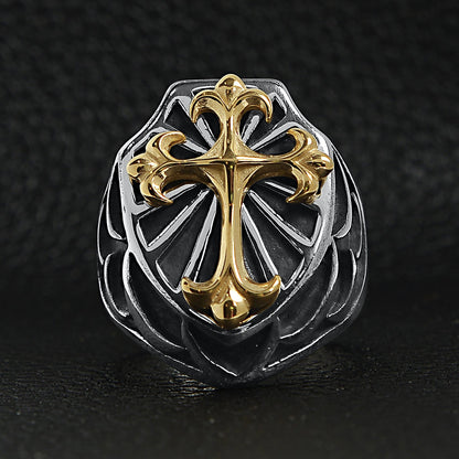 Stainless Steel 18K Gold PVD Coated Cross On Shield Signet Ring