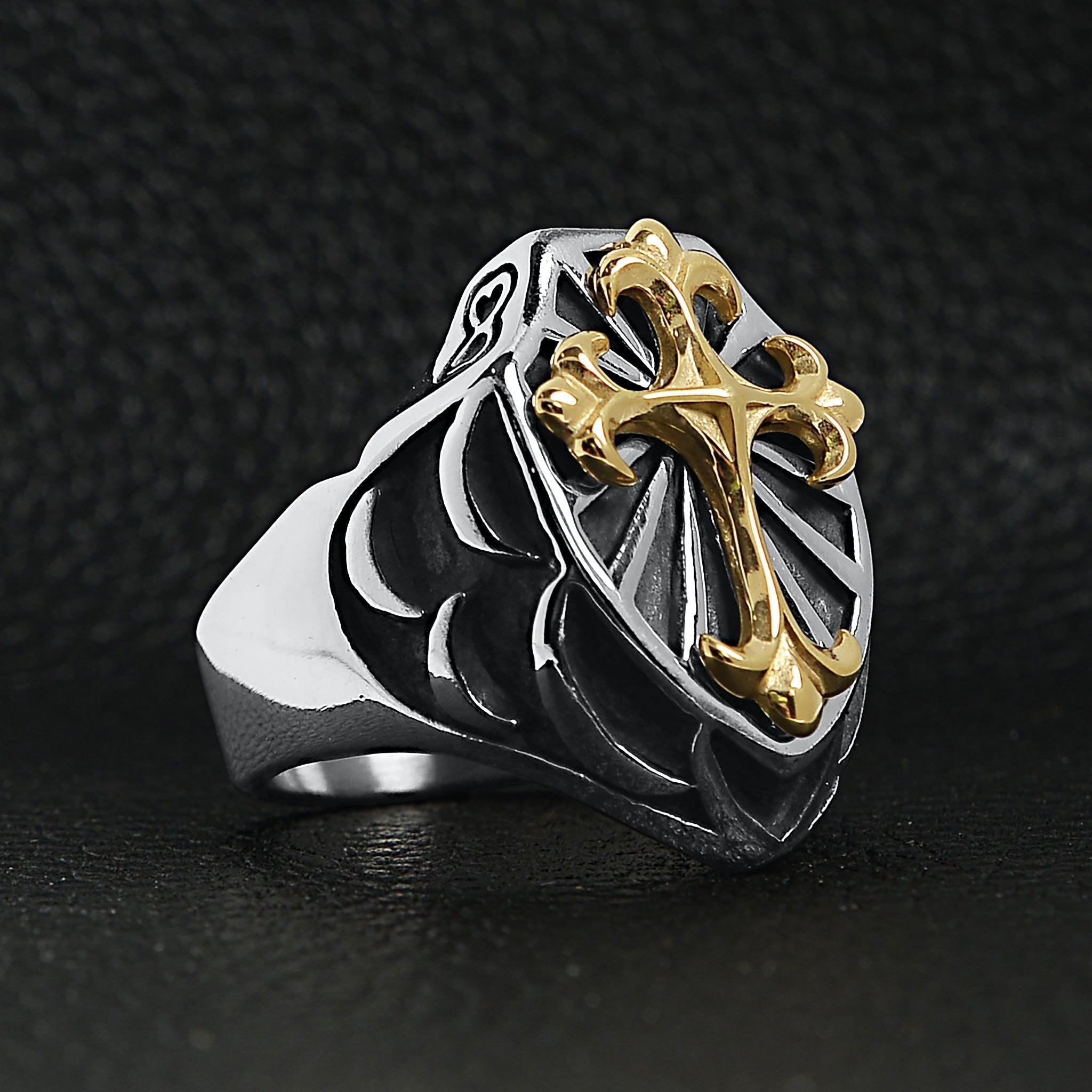 Stainless Steel 18K Gold PVD Coated Cross On Shield Signet Ring