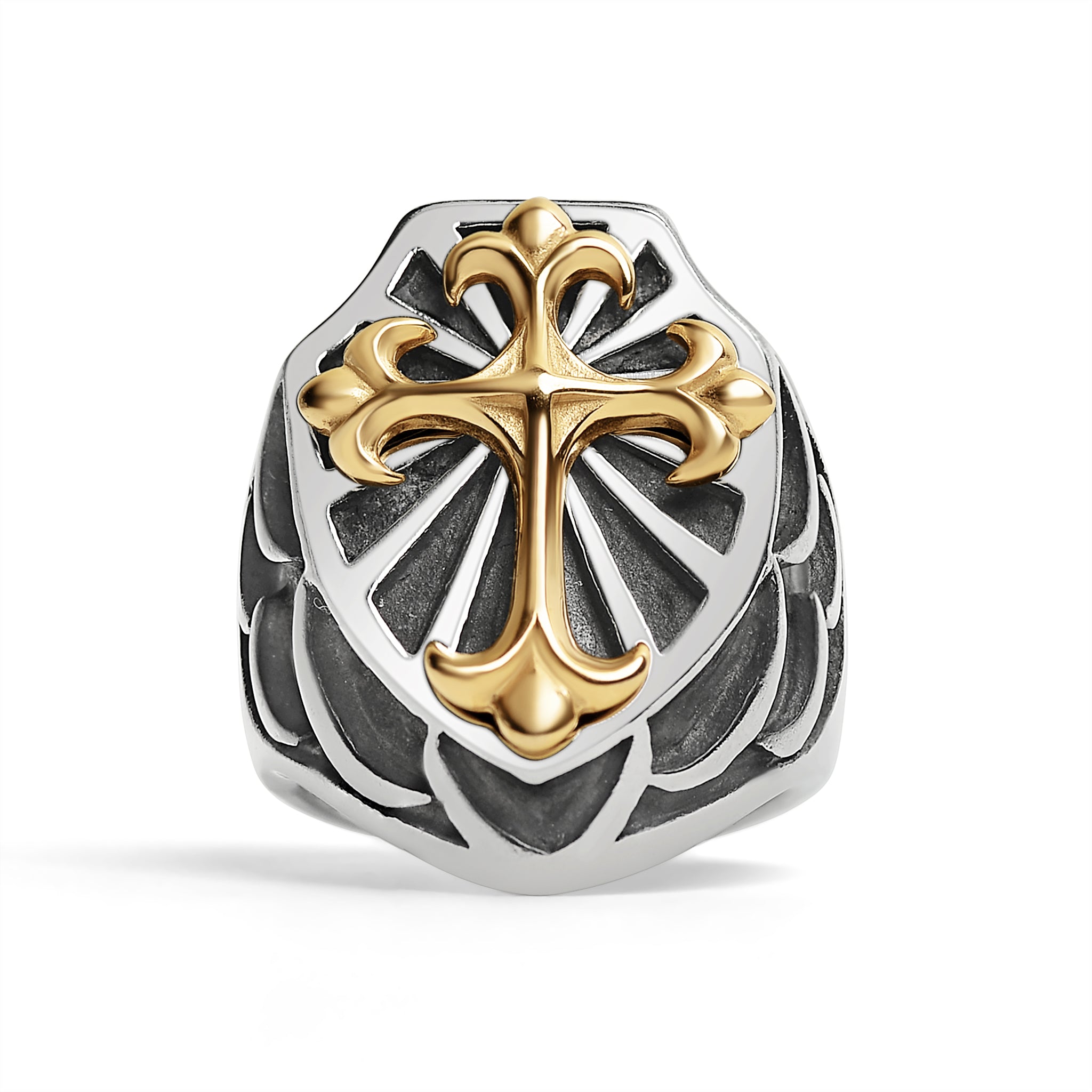 Stainless Steel 18K Gold PVD Coated Cross On Shield Signet Ring