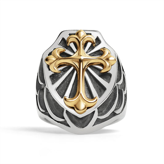 Stainless Steel 18K Gold PVD Coated Cross On Shield Signet Ring