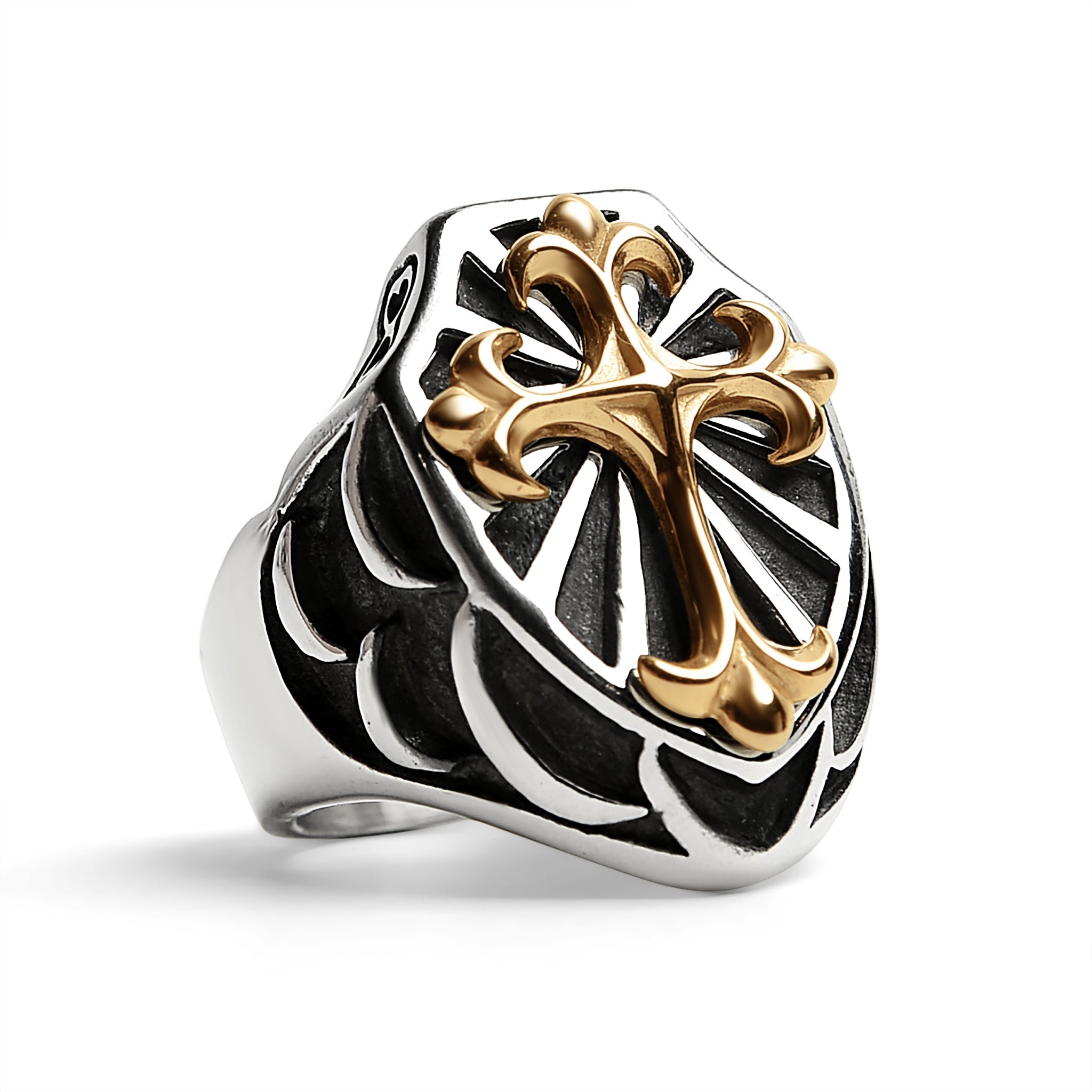 Stainless Steel 18K Gold PVD Coated Cross On Shield Signet Ring