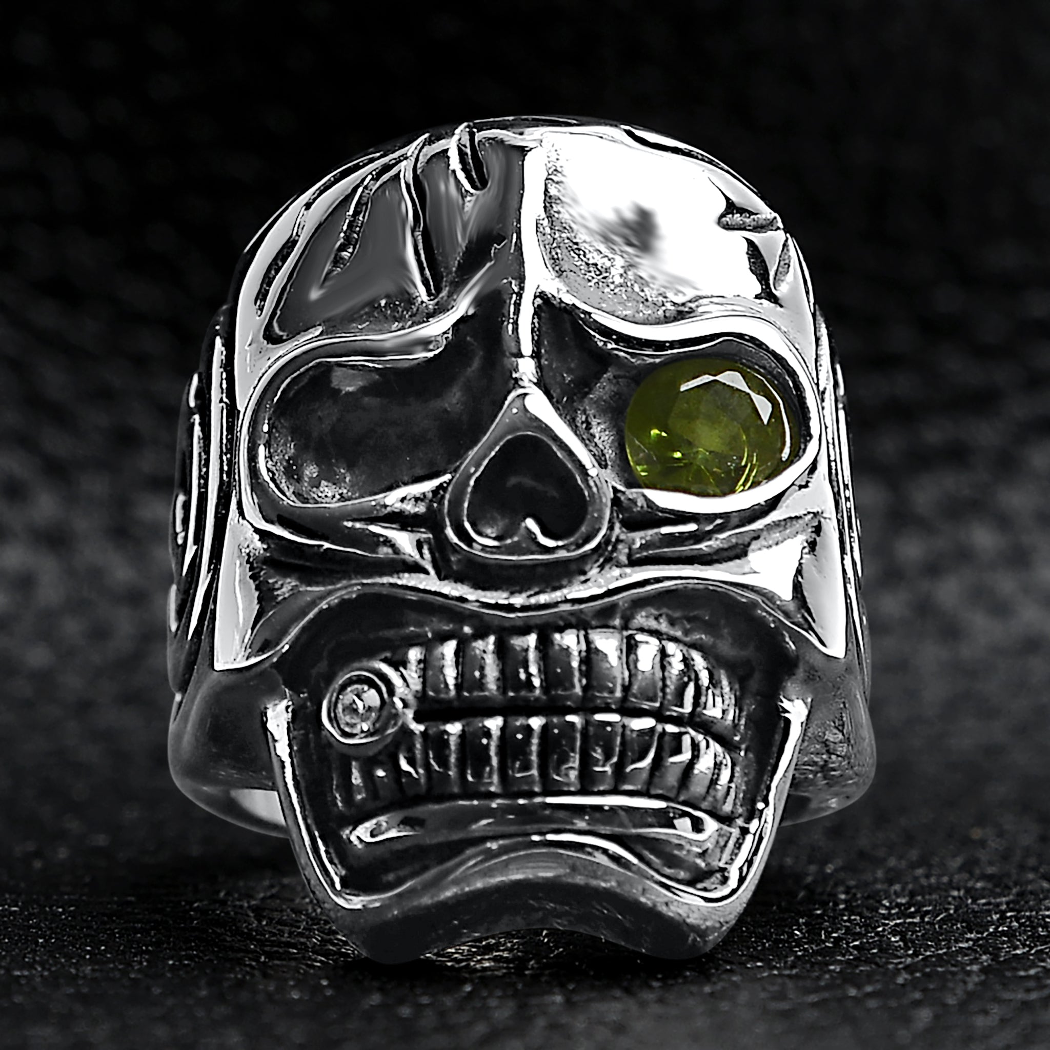 Detailed skull with Green CZ Eye Stone Stainless Steel Ring