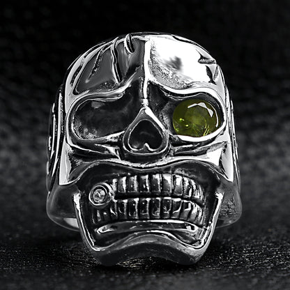 Detailed skull with Green CZ Eye Stone Stainless Steel Ring