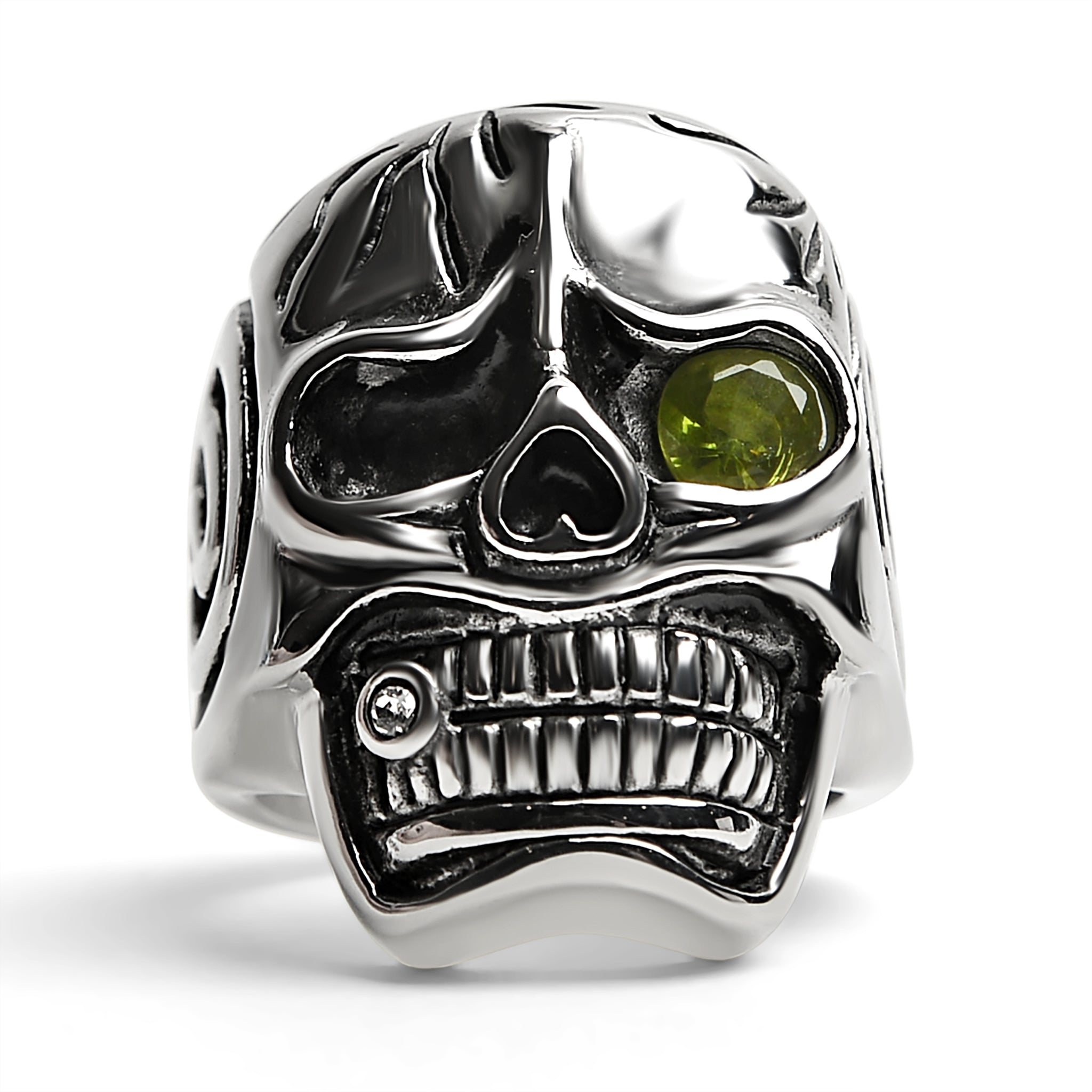 Detailed skull with Green CZ Eye Stone Stainless Steel Ring