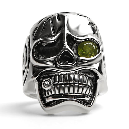 Detailed skull with Green CZ Eye Stone Stainless Steel Ring
