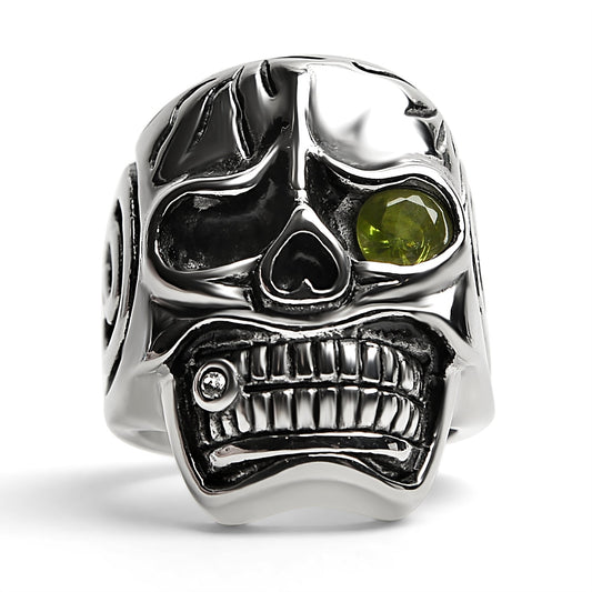 Detailed skull with Green CZ Eye Stone Stainless Steel Ring