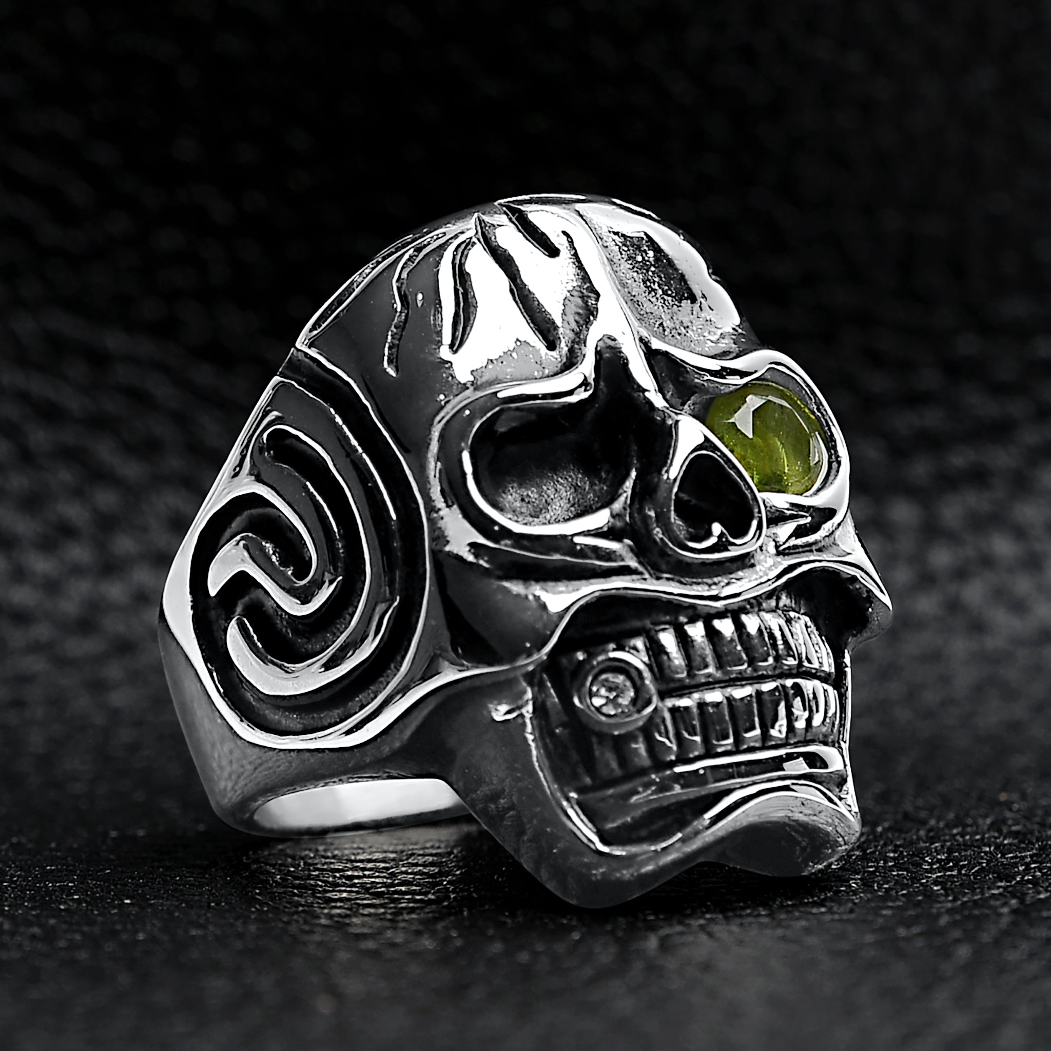 Detailed skull with Green CZ Eye Stone Stainless Steel Ring