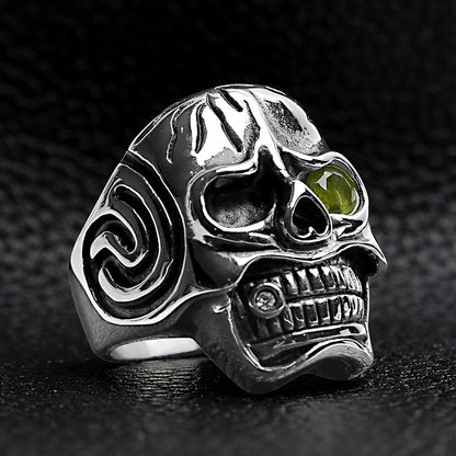 Detailed skull with Green CZ Eye Stone Stainless Steel Ring