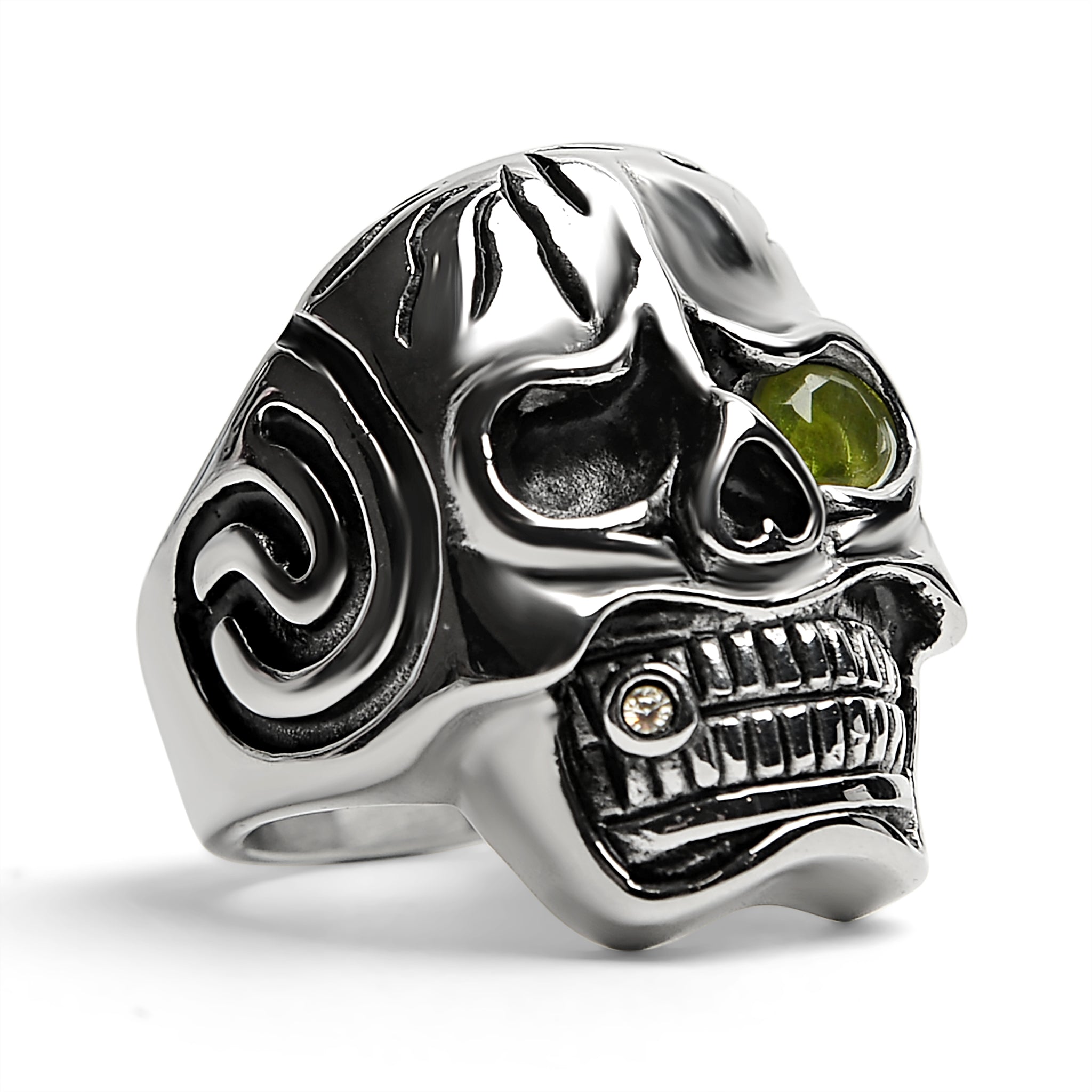 Detailed skull with Green CZ Eye Stone Stainless Steel Ring