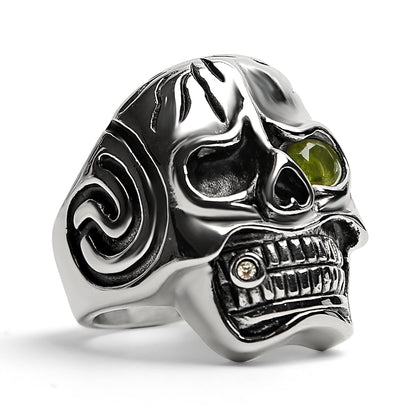 Detailed skull with Green CZ Eye Stone Stainless Steel Ring