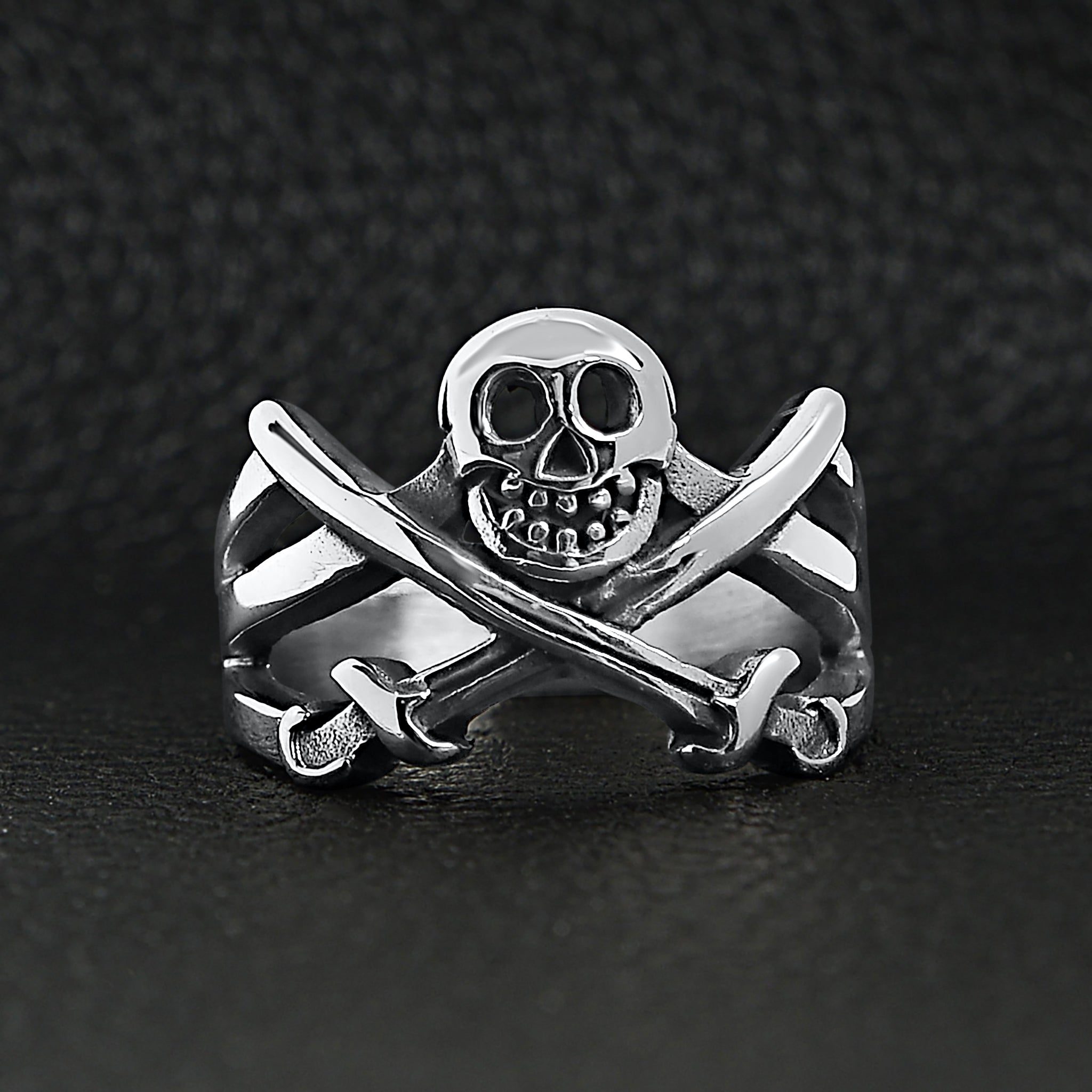 Stainless Steel Pirate Jolly Roger Skull With Crossed Swords Ring