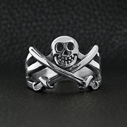 Stainless Steel Pirate Jolly Roger Skull With Crossed Swords Ring