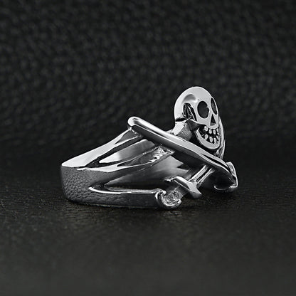 Stainless Steel Pirate Jolly Roger Skull With Crossed Swords Ring