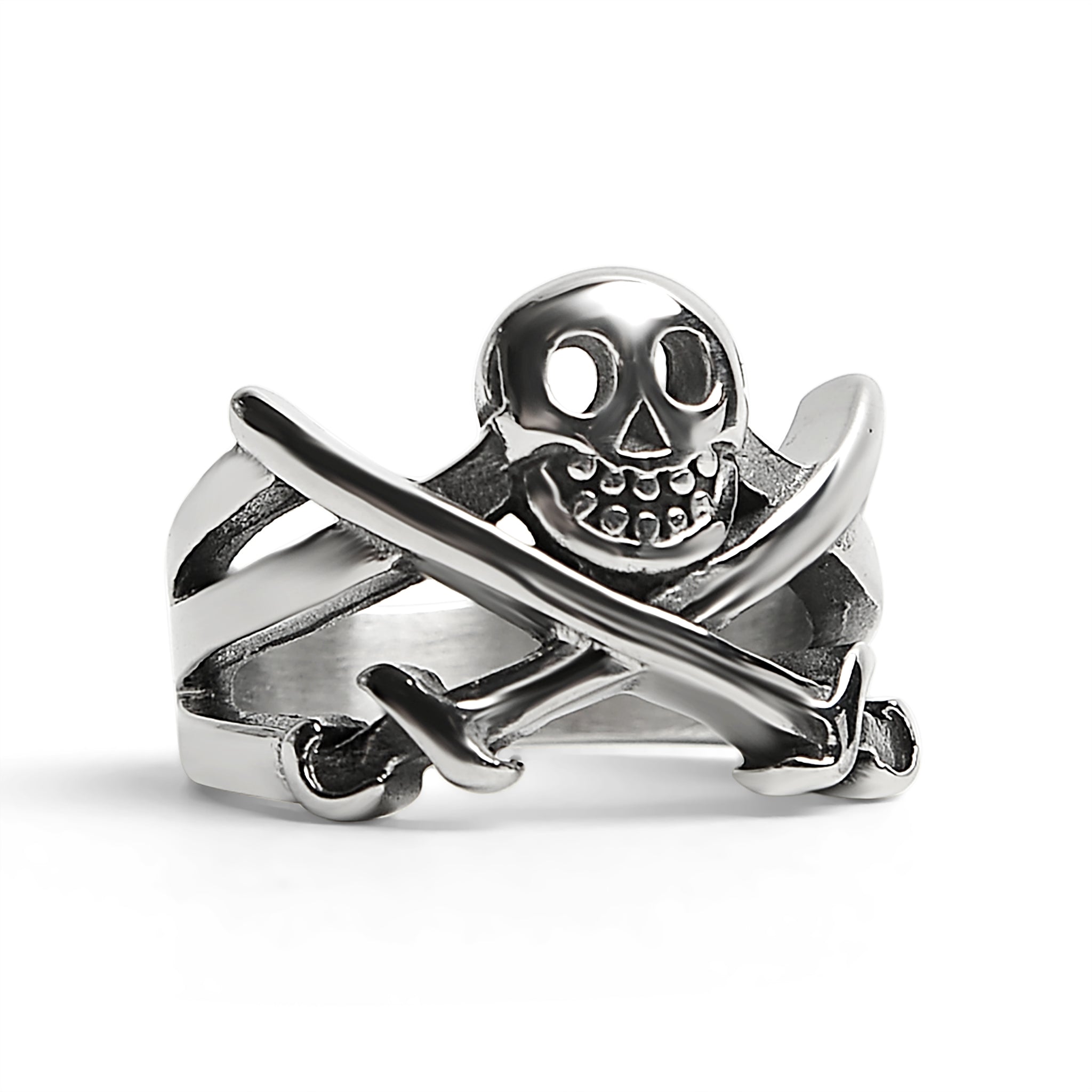 Stainless Steel Pirate Jolly Roger Skull With Crossed Swords Ring