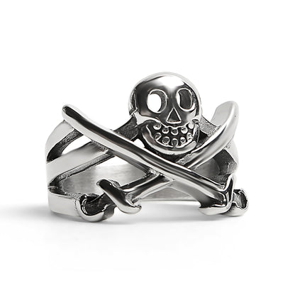 Stainless Steel Pirate Jolly Roger Skull With Crossed Swords Ring