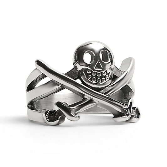 Stainless Steel Pirate Jolly Roger Skull With Crossed Swords Ring
