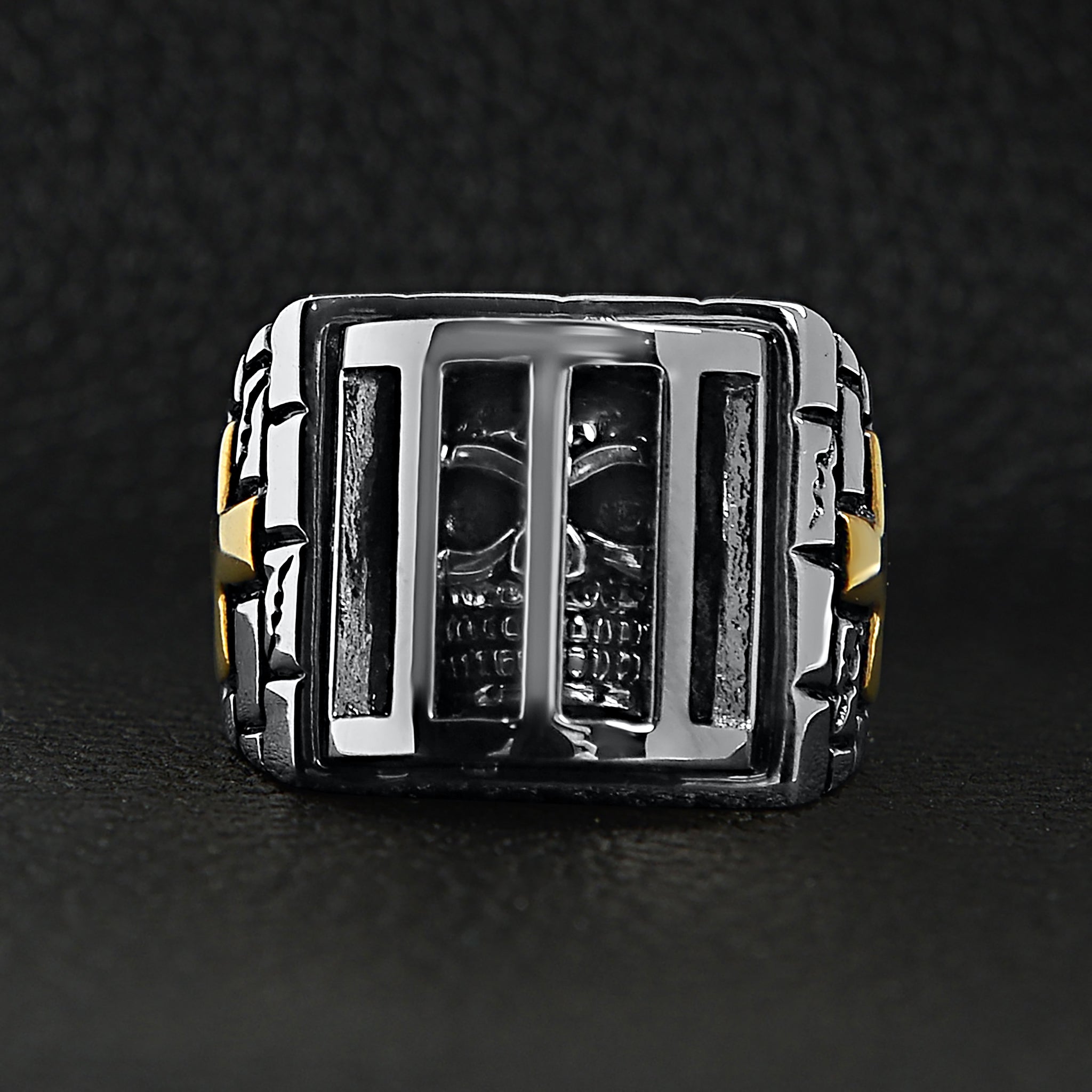 Stainless Steel Medieval Jailed Skull With 18K Gold PVD Coated Cross Accents Ring