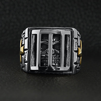 Stainless Steel Medieval Jailed Skull With 18K Gold PVD Coated Cross Accents Ring