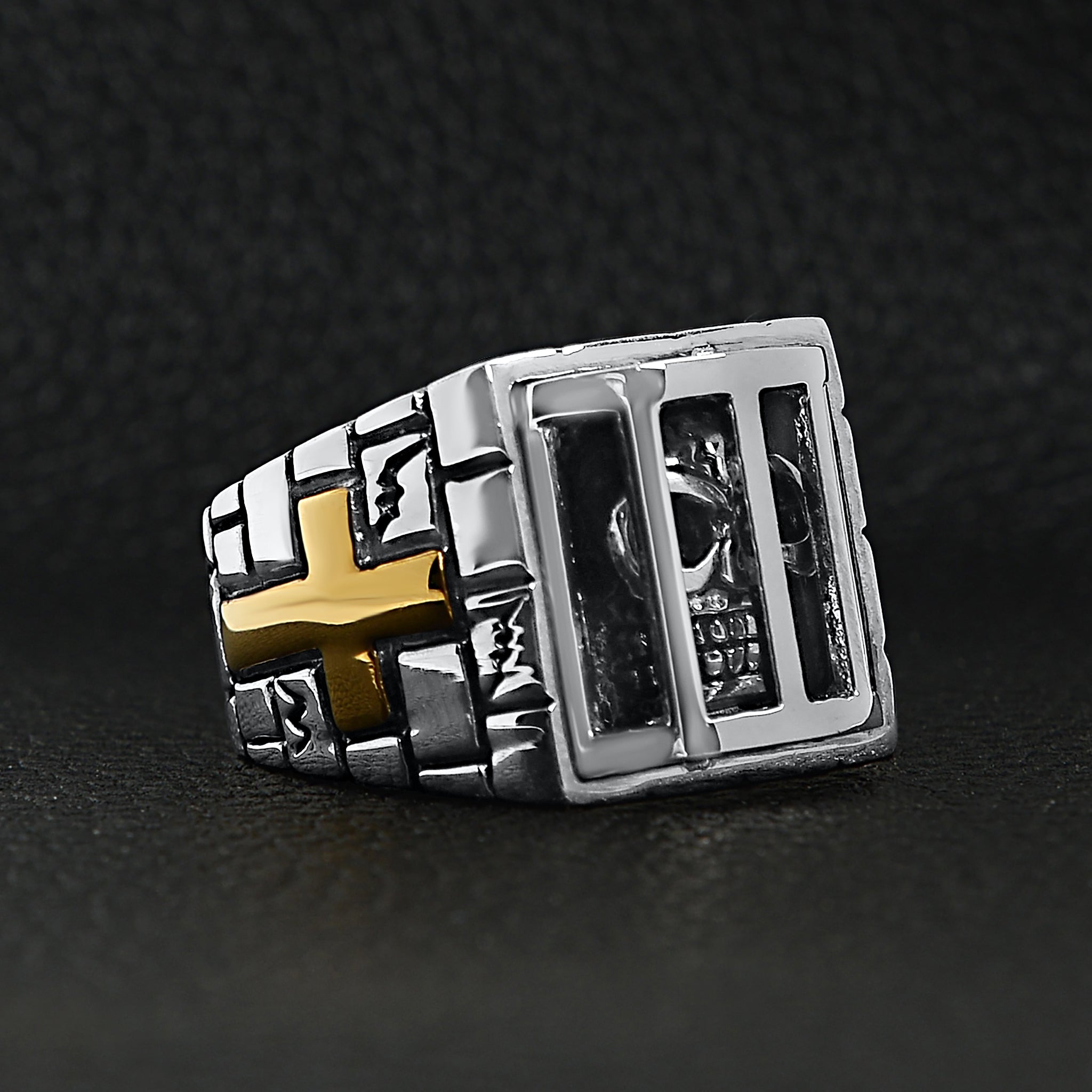 Stainless Steel Medieval Jailed Skull With 18K Gold PVD Coated Cross Accents Ring