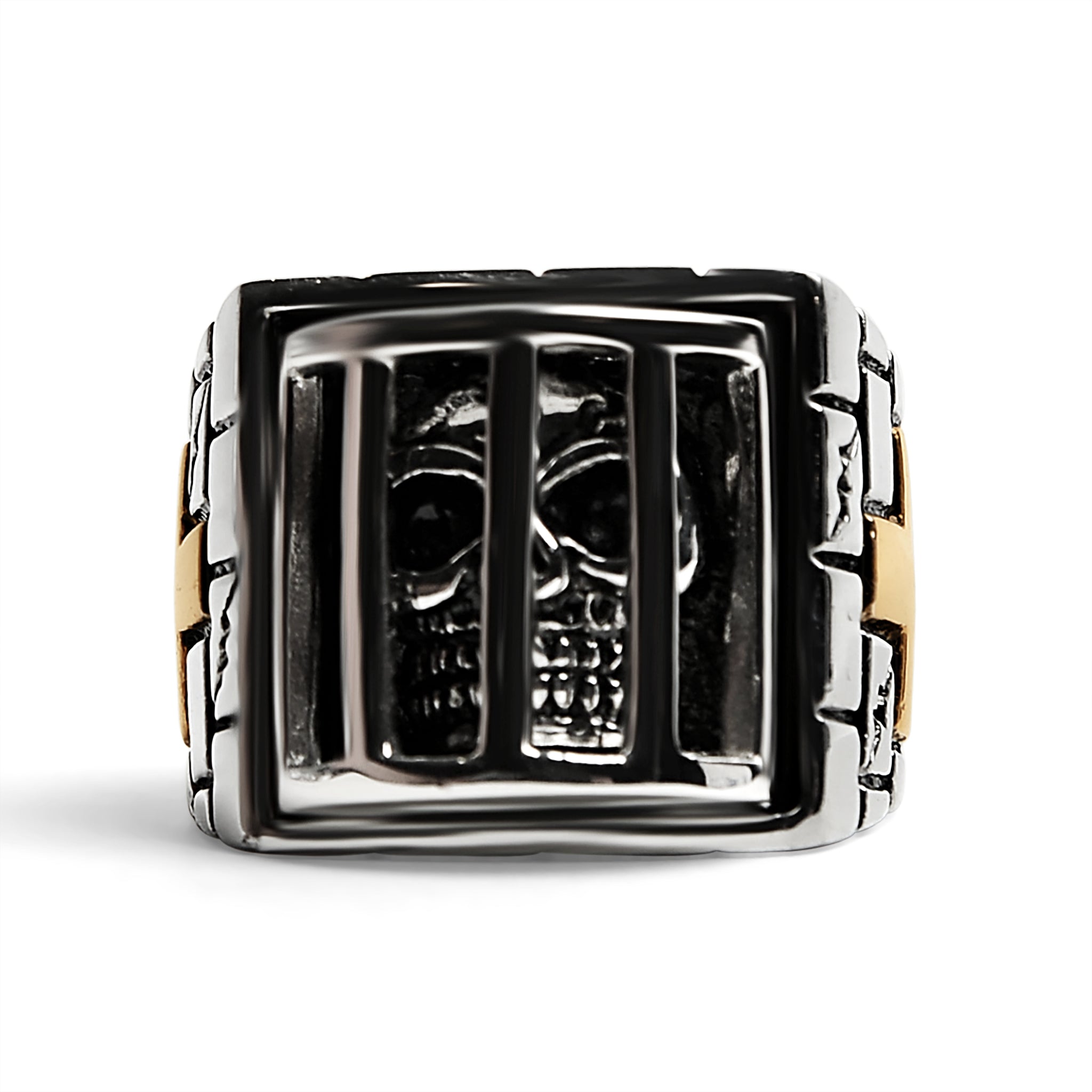 Stainless Steel Medieval Jailed Skull With 18K Gold PVD Coated Cross Accents Ring