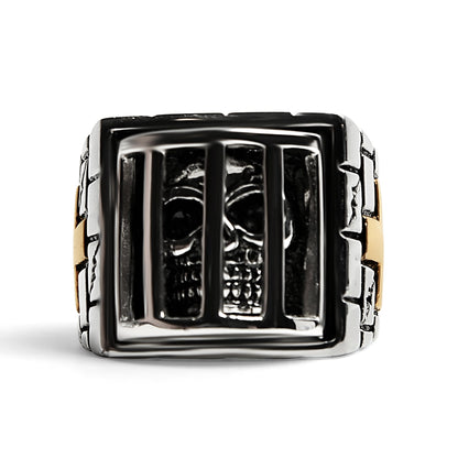 Stainless Steel Medieval Jailed Skull With 18K Gold PVD Coated Cross Accents Ring