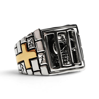 Stainless Steel Medieval Jailed Skull With 18K Gold PVD Coated Cross Accents Ring