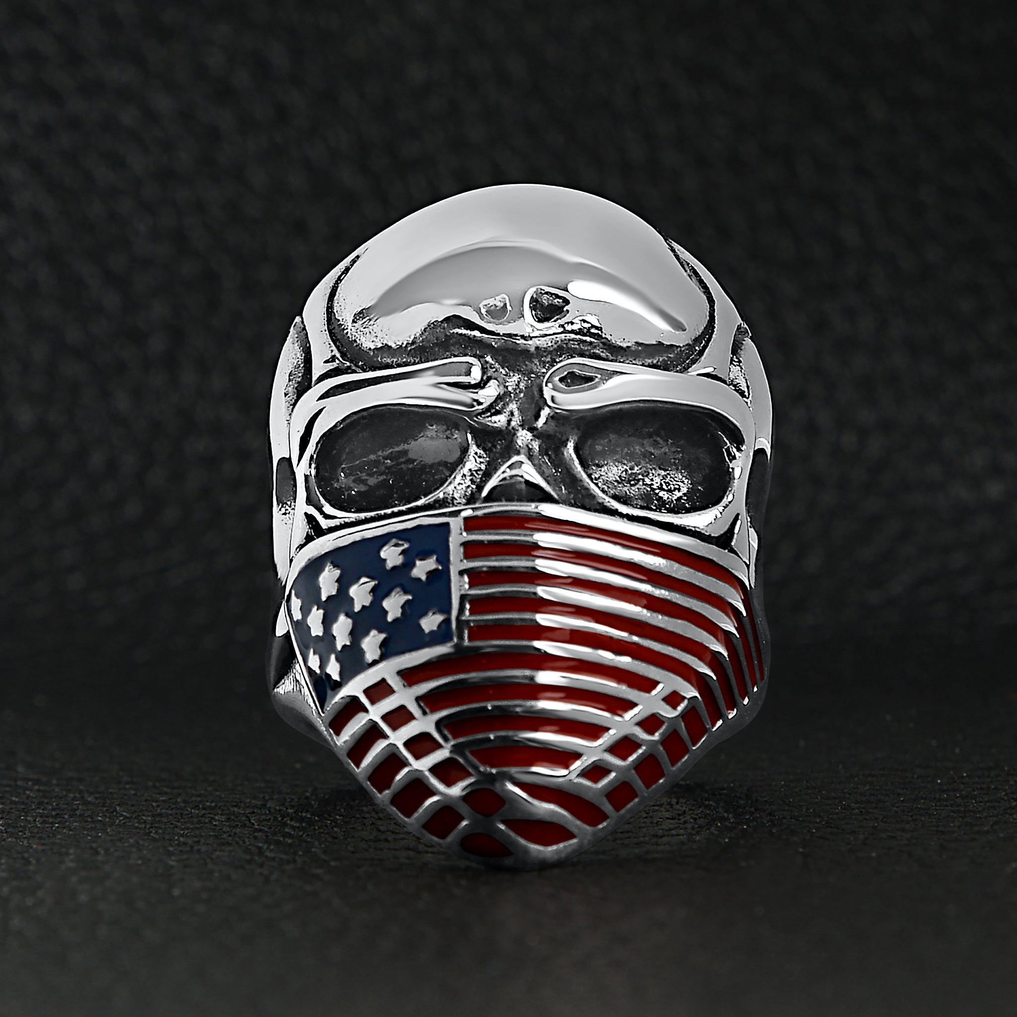 Stainless Steel USA American Flag Covered Skull Ring