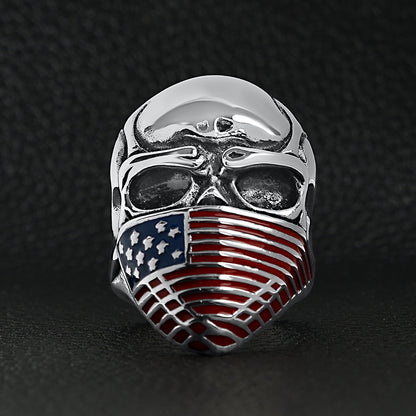 Stainless Steel USA American Flag Covered Skull Ring