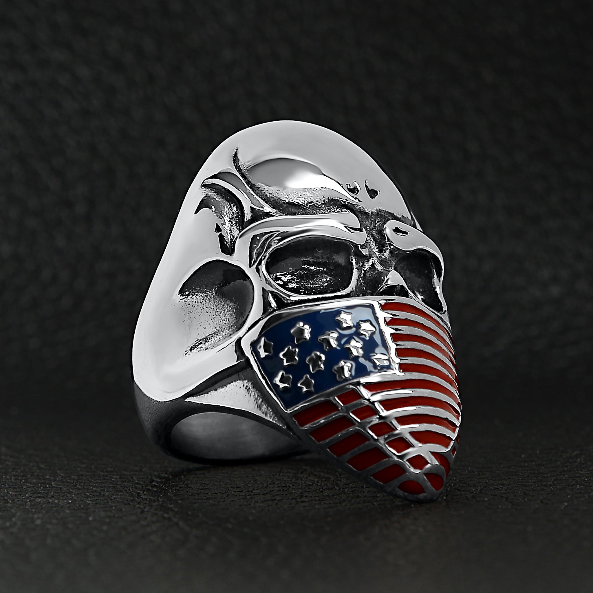 Stainless Steel USA American Flag Covered Skull Ring