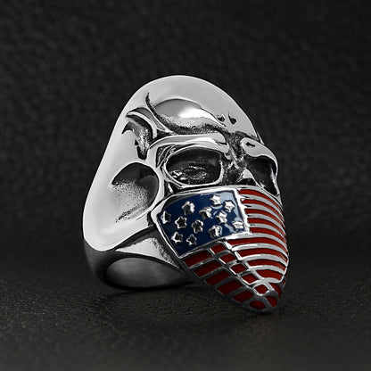 Stainless Steel USA American Flag Covered Skull Ring