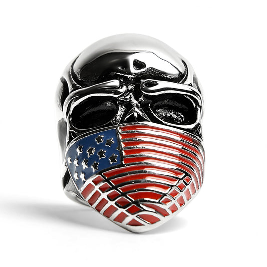 Stainless Steel USA American Flag Covered Skull Ring