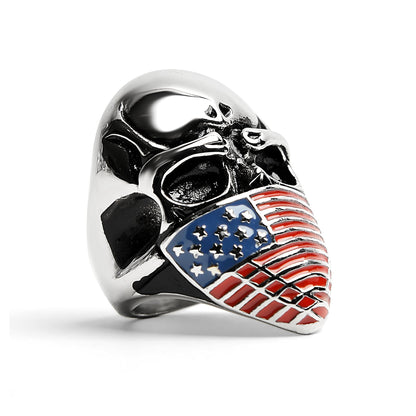 Stainless Steel USA American Flag Covered Skull Ring