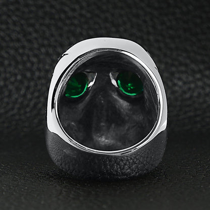 Stainless Steel Green CZ Eyed Cracked Skull Ring