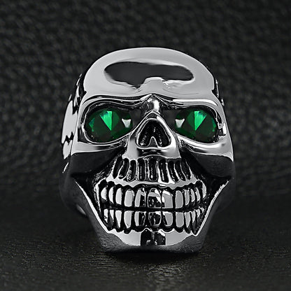 Stainless Steel Green CZ Eyed Cracked Skull Ring