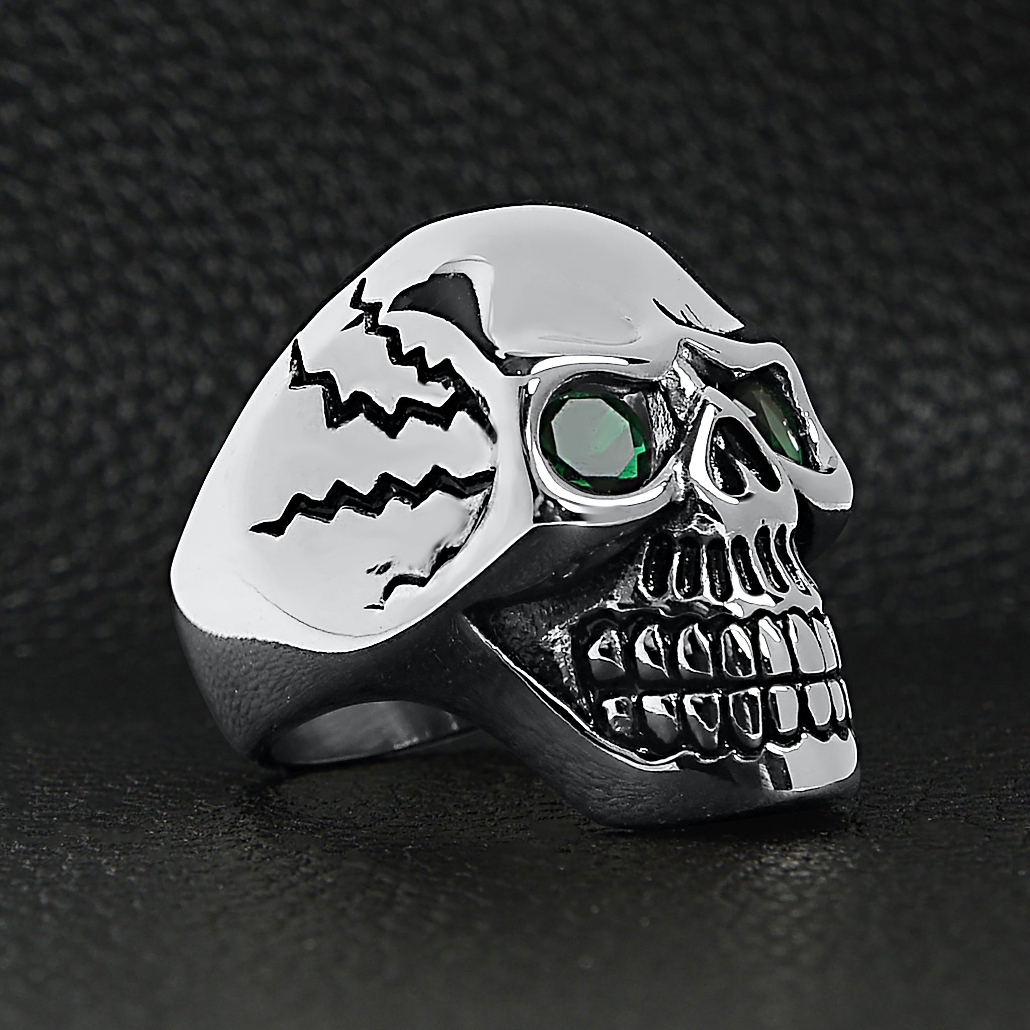 Stainless Steel Green CZ Eyed Cracked Skull Ring