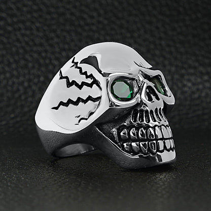 Stainless Steel Green CZ Eyed Cracked Skull Ring