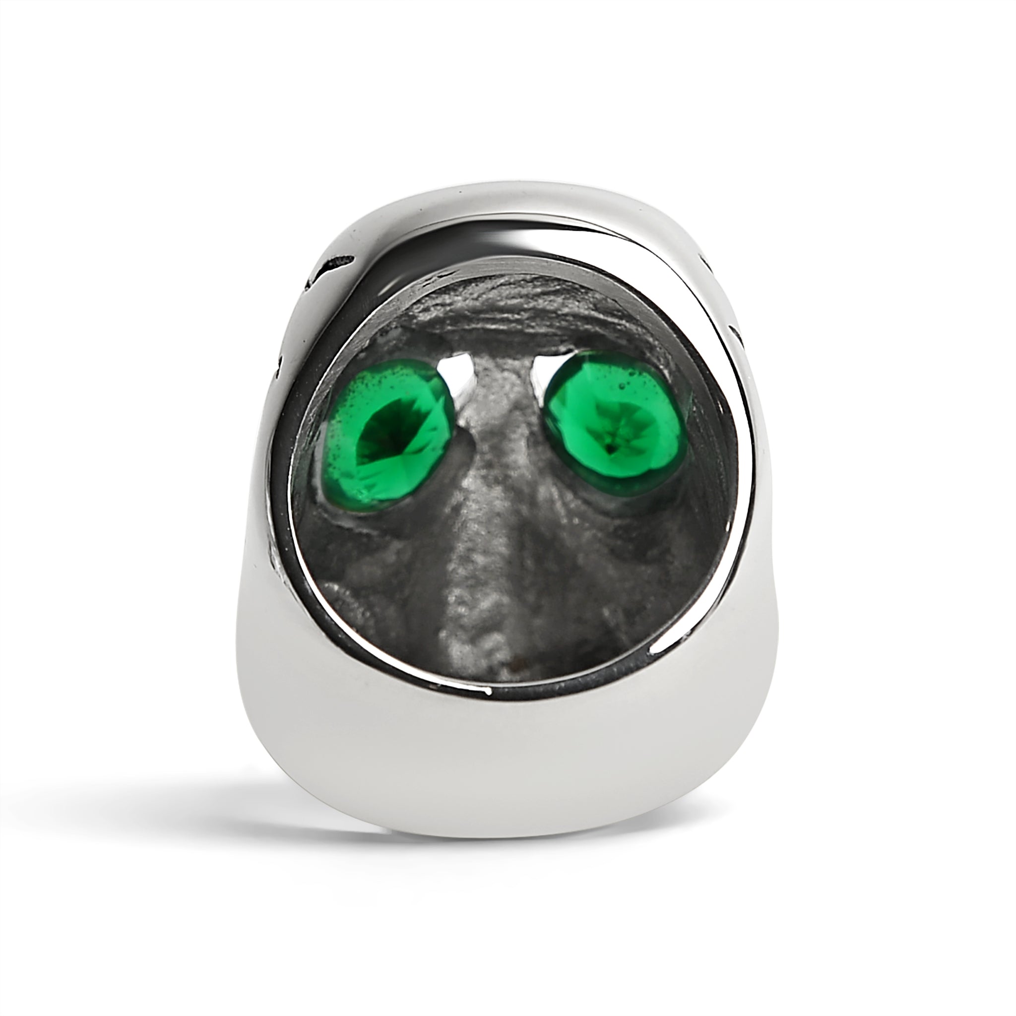 Stainless Steel Green CZ Eyed Cracked Skull Ring
