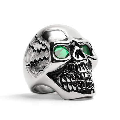 Stainless Steel Green CZ Eyed Cracked Skull Ring