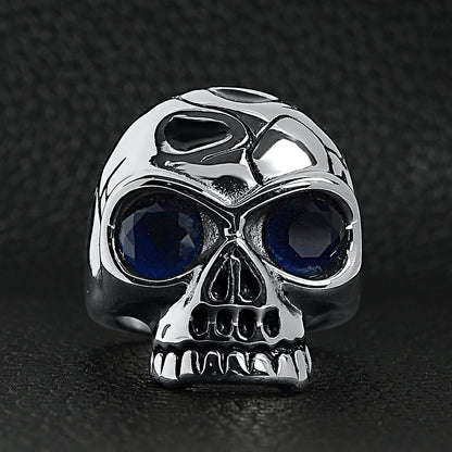 Stainless Steel Blue CZ Eyed Cracked Skull Ring