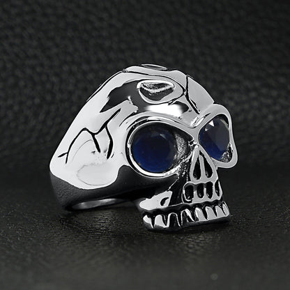 Stainless Steel Blue CZ Eyed Cracked Skull Ring