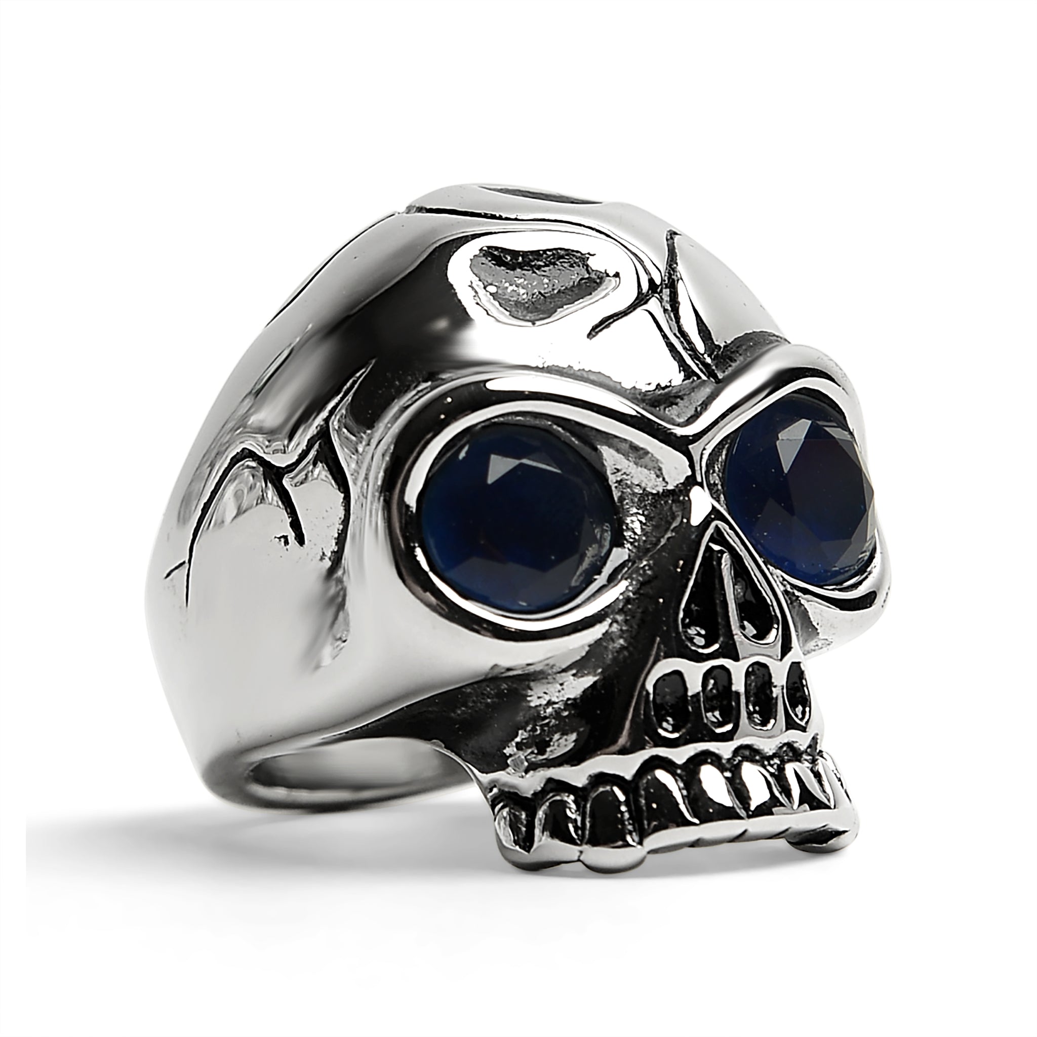 Stainless Steel Blue CZ Eyed Cracked Skull Ring